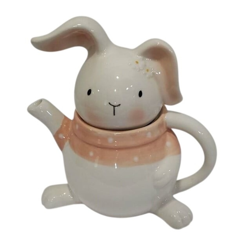 Cute Bunny Ceramic Teapot with Pink Polka Dot Scarf, Easter Decor